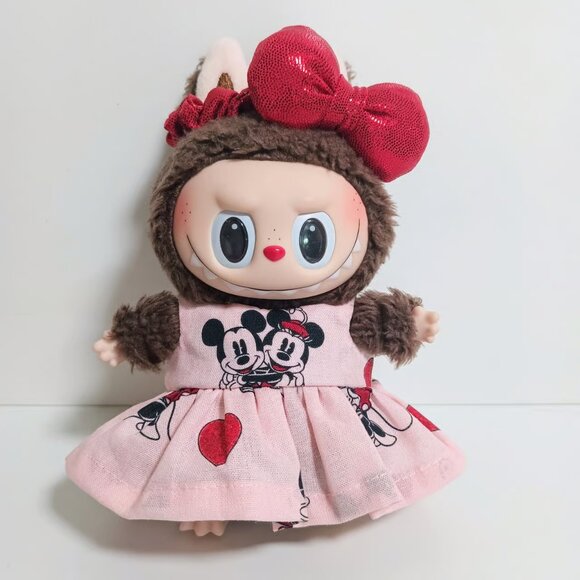 Custom Disney Mickey Minnie Glitter Heart Dress and Bow Made to fit Labubu